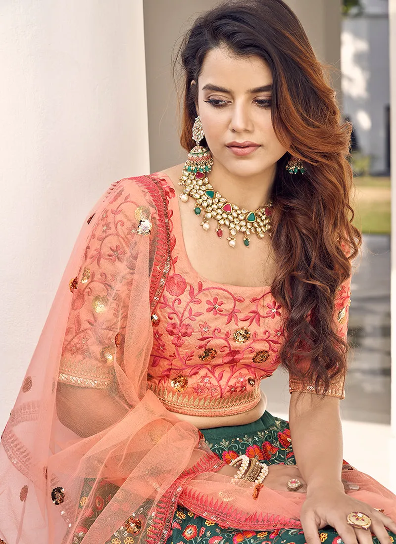 Green And Peach Embroidery Festive Lehenga Choli