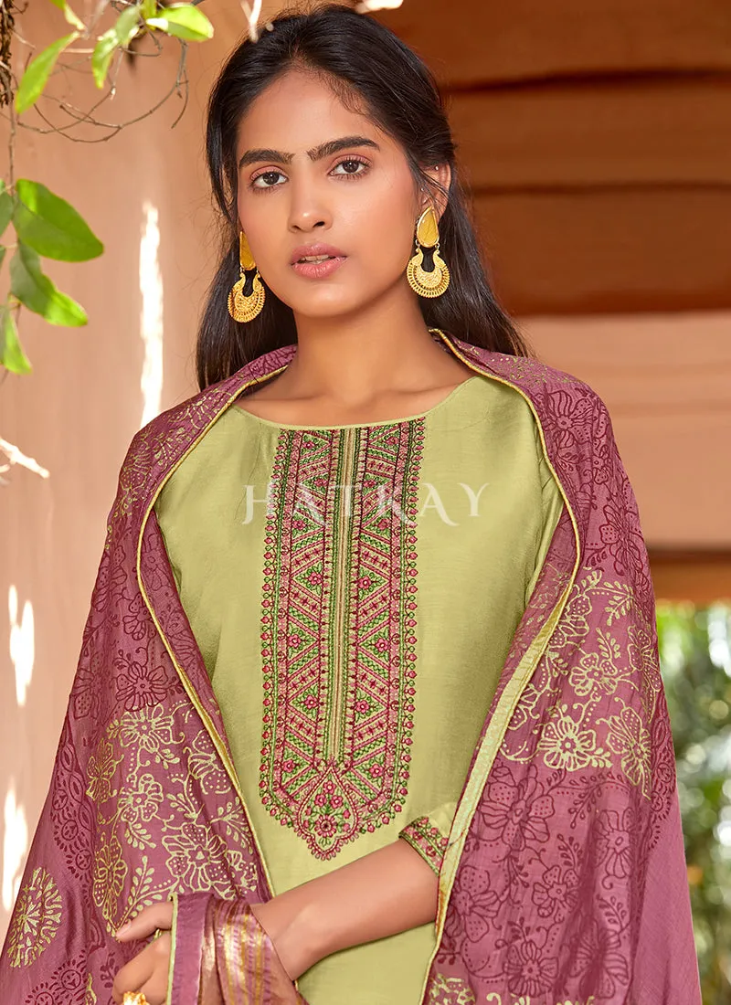 Green And Pink Embroidered Pant Style Salwar Suit
