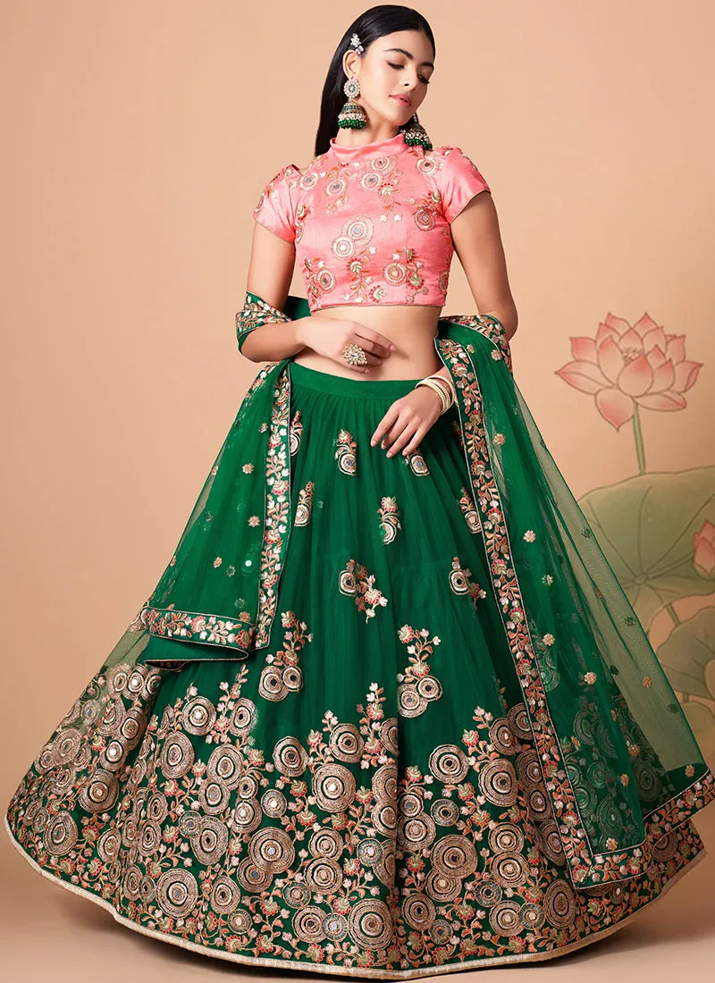 Green And Pink Multi Embroidery Wedding Lehenga Choli