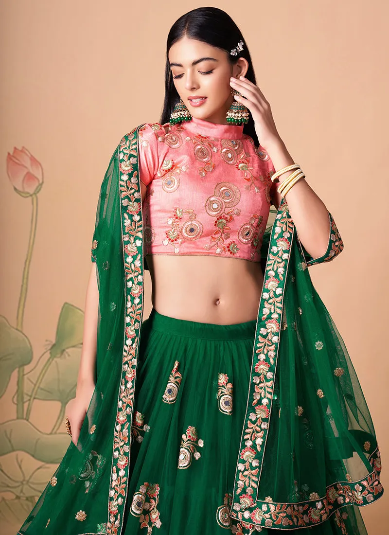 Green And Pink Multi Embroidery Wedding Lehenga Choli