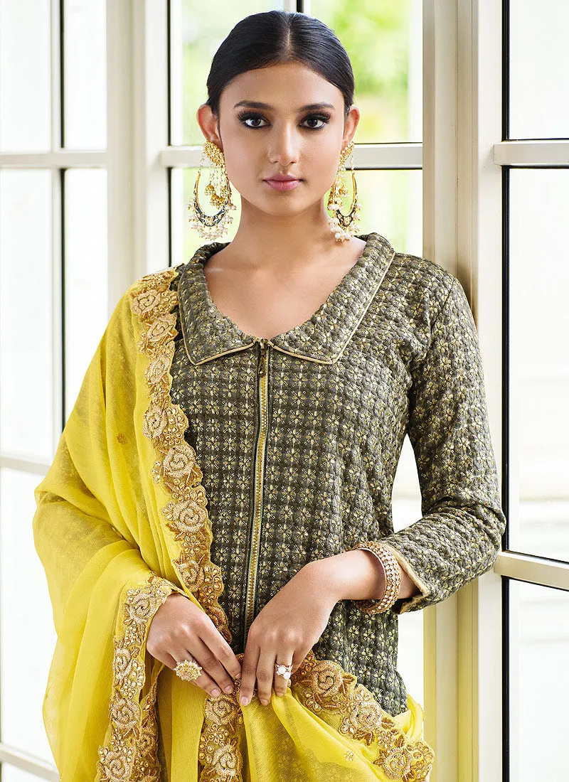 Green And Yellow Golden Zari Embroidered Pant Style Suit