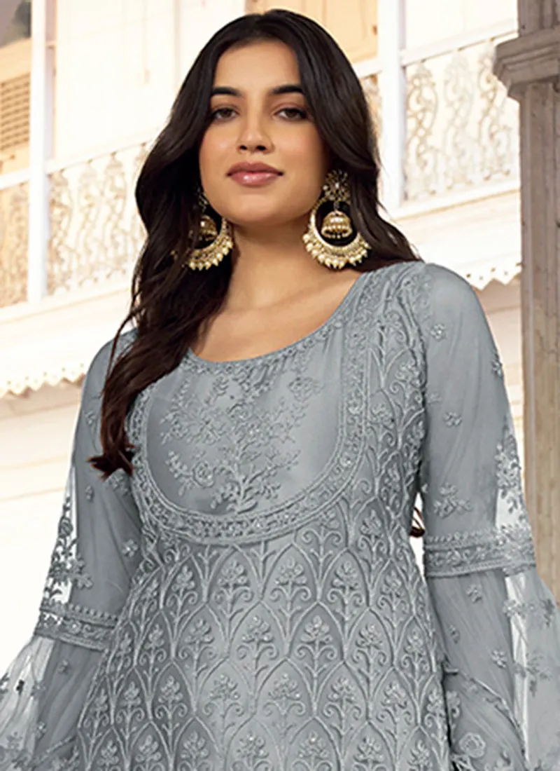 Grey Silver Embroidery Pakistani Pant Style Suit