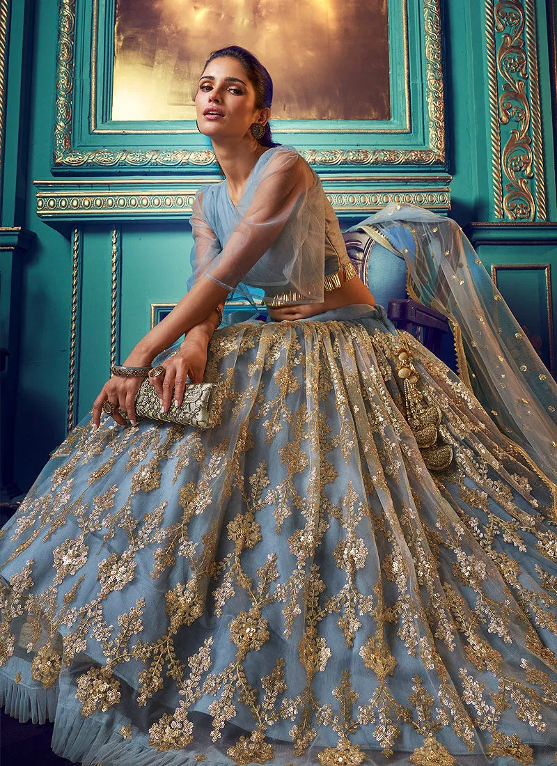 Greyish Blue Indo Western Lehenga Choli