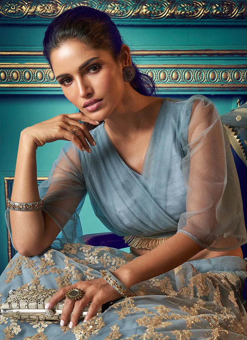 Greyish Blue Indo Western Lehenga Choli