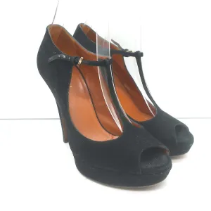 Gucci Betty T-Strap Platform Pumps Black Suede Size 37.5 Peep Toe Heels