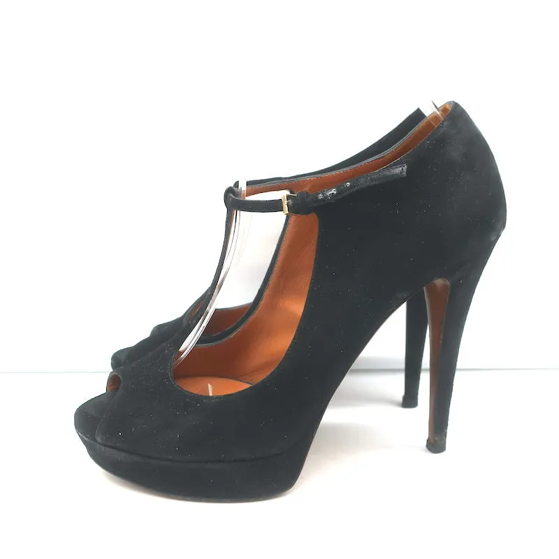 Gucci Betty T-Strap Platform Pumps Black Suede Size 37.5 Peep Toe Heels