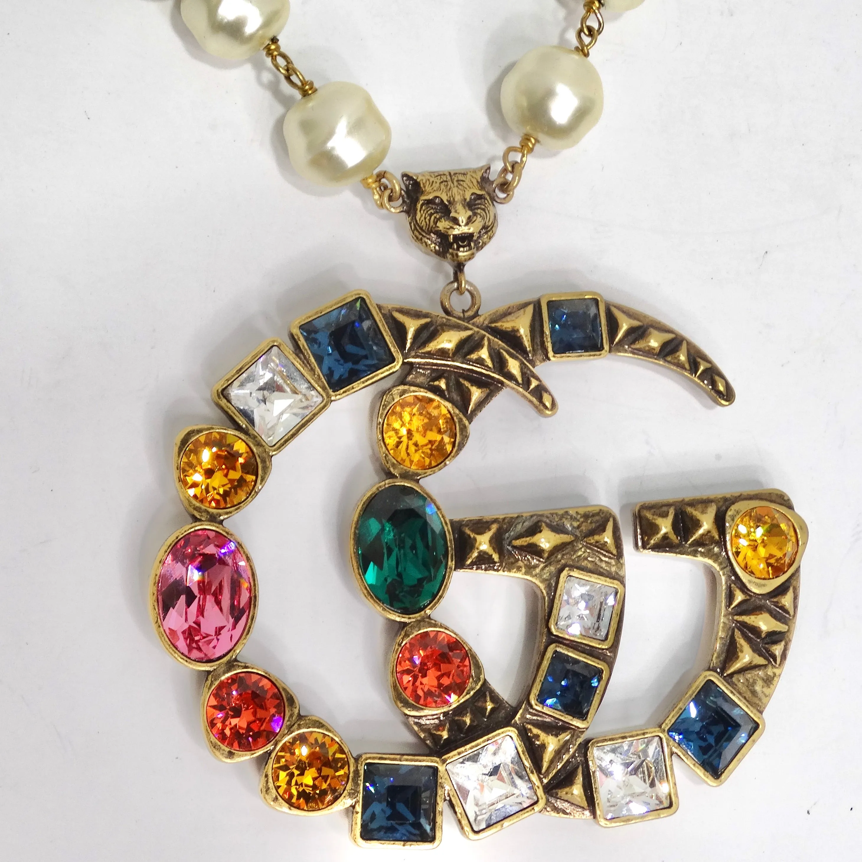 Gucci Multicolor Crystal Faux Pearl Logo Necklace & Earrings Set