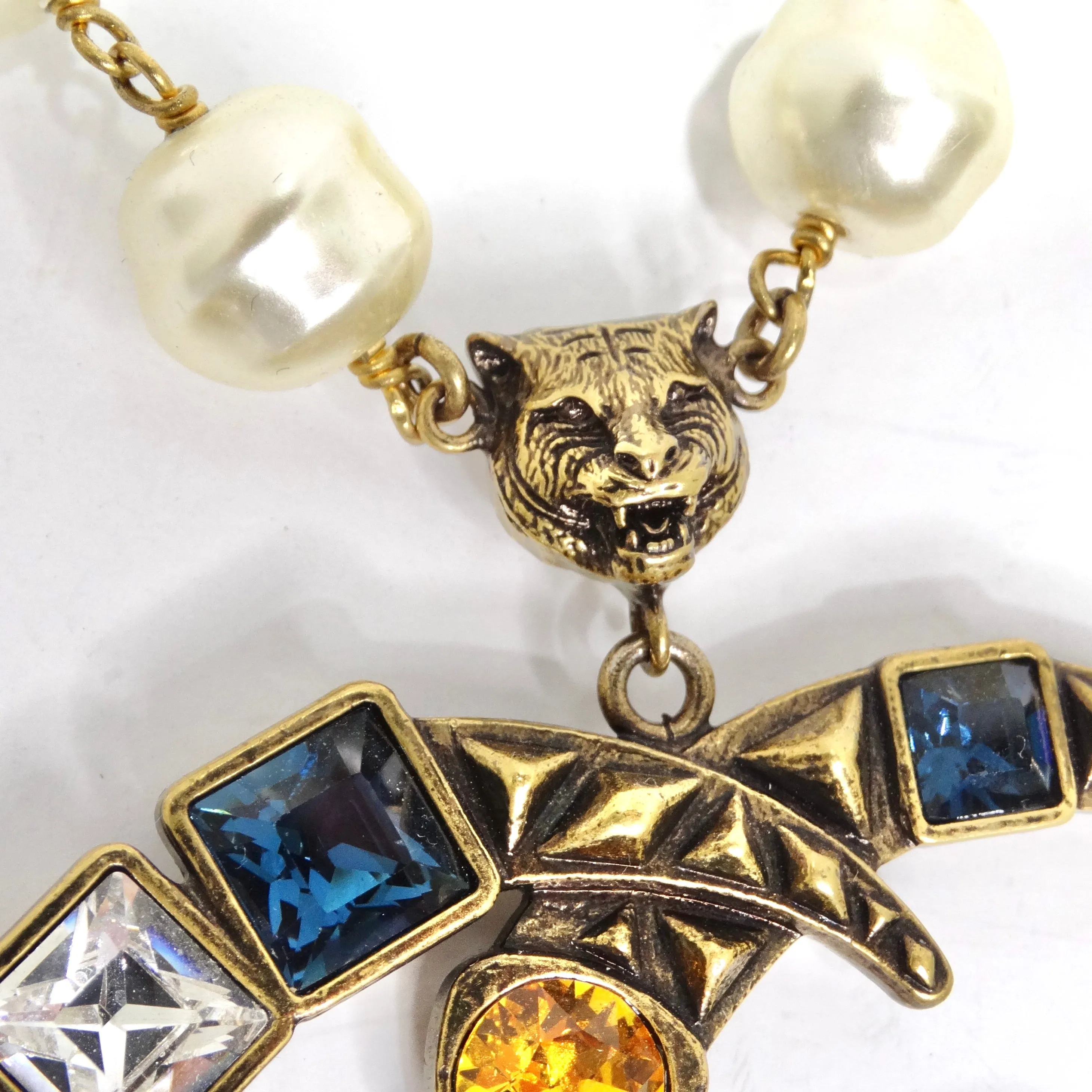 Gucci Multicolor Crystal Faux Pearl Logo Necklace & Earrings Set