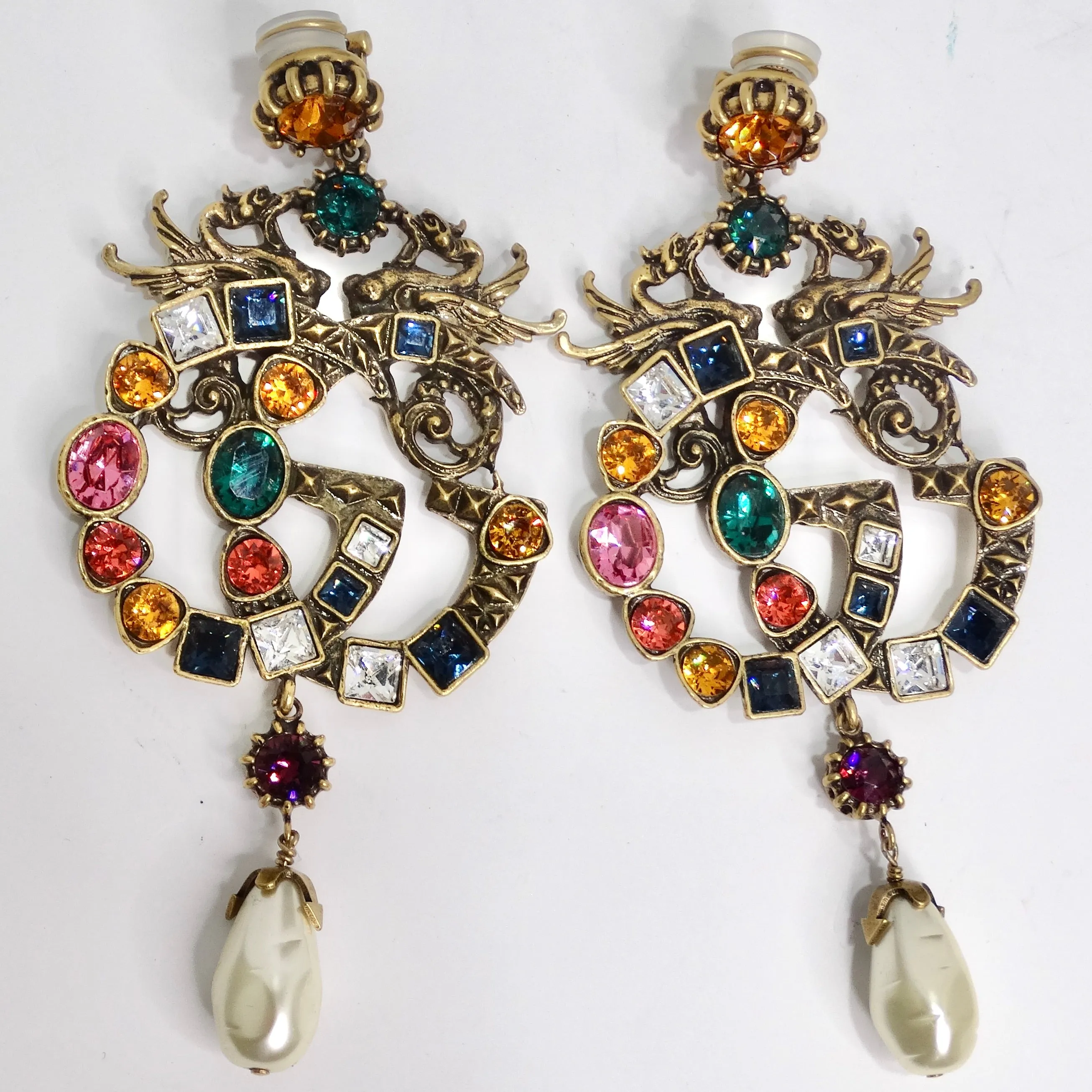 Gucci Multicolor Crystal Faux Pearl Logo Necklace & Earrings Set