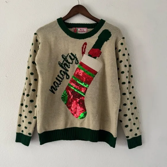 Knit Christmas Sweater Sequins Ugly Sweater Funny Naughty Xmas Wine Top Sz Small