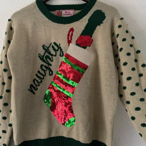 Knit Christmas Sweater Sequins Ugly Sweater Funny Naughty Xmas Wine Top Sz Small
