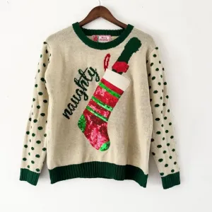 Knit Christmas Sweater Sequins Ugly Sweater Funny Naughty Xmas Wine Top Sz Small