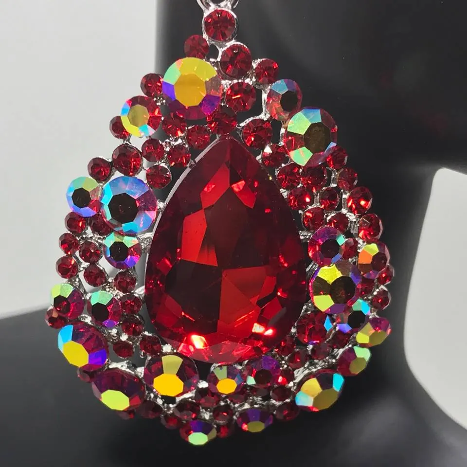 Large Red Earrings with AB Stones | Red Chunky Pageant Earrings | H202-7