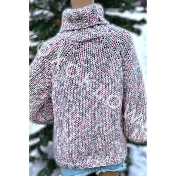 LAST ONE POL Pink &amp; Gray Handmade Chunky Knit Turtleneck Sweater