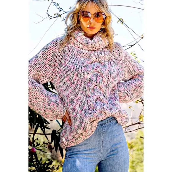 LAST ONE POL Pink &amp; Gray Handmade Chunky Knit Turtleneck Sweater