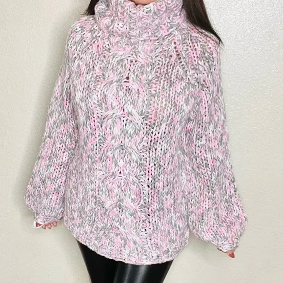 LAST ONE POL Pink &amp; Gray Handmade Chunky Knit Turtleneck Sweater