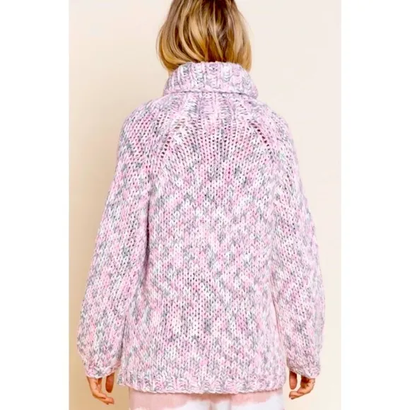 LAST ONE POL Pink &amp; Gray Handmade Chunky Knit Turtleneck Sweater