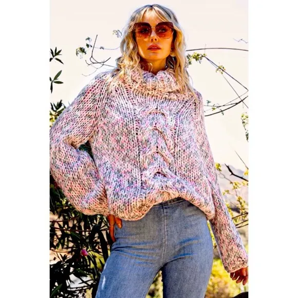 LAST ONE POL Pink &amp; Gray Handmade Chunky Knit Turtleneck Sweater