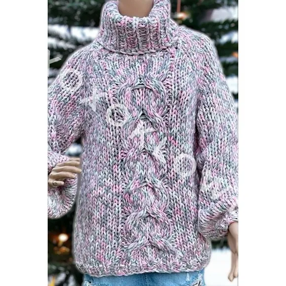 LAST ONE POL Pink &amp; Gray Handmade Chunky Knit Turtleneck Sweater