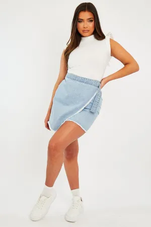 Light Blue Wrap Ring Fastening Denim Mini Skirt - Hestia