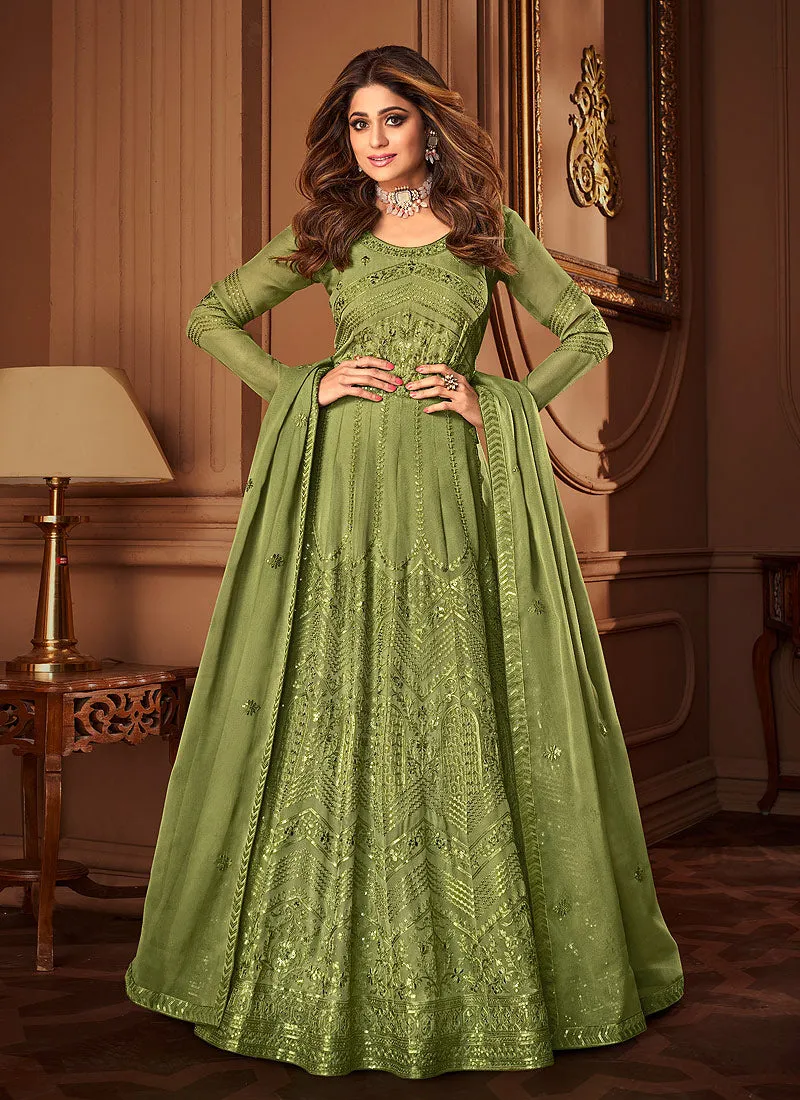 Light Green Lucknowi Embroidered Anarkali Suit