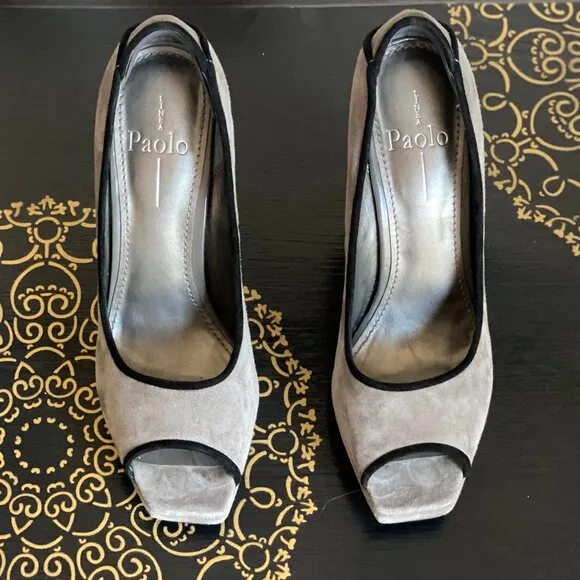 Linea Paolo Grey Suede Heels with Square Open Toe, size 8