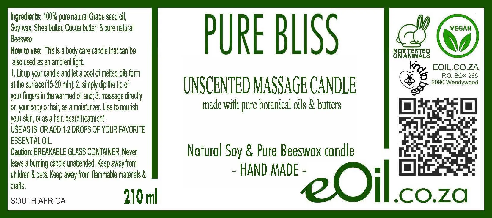 Massage Candle soy wax unscented natural 210 ml PURE BLISS