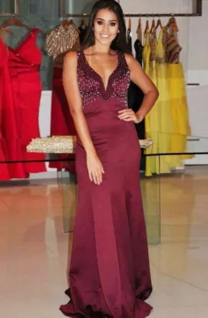 Mermaid Deep V-Neck Sweep Train Burgundy Satin Prom Dress with Beading Q28