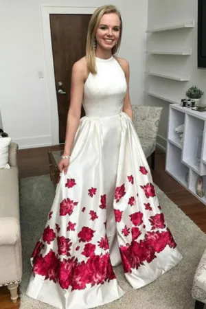 Mermaid Jewel Detachable Sweep Train White Printed Satin Prom Dress with Pockets L013
