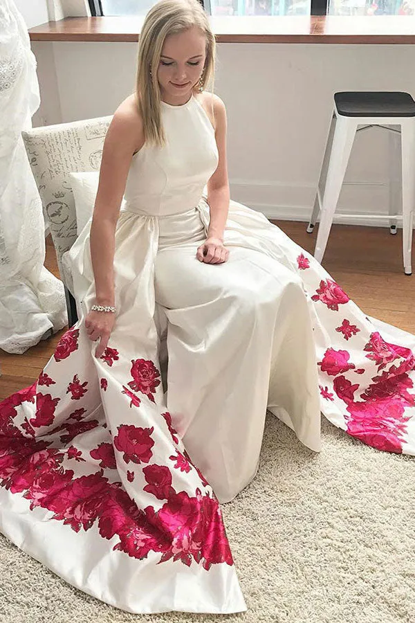 Mermaid Jewel Detachable Sweep Train White Printed Satin Prom Dress with Pockets L013