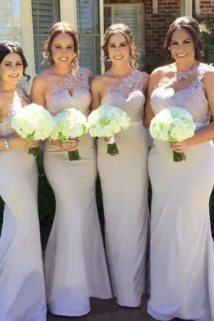 Mermaid One-Shoulder Sweep Train Lavender Bridesmaid Dress with Appliques OHS021