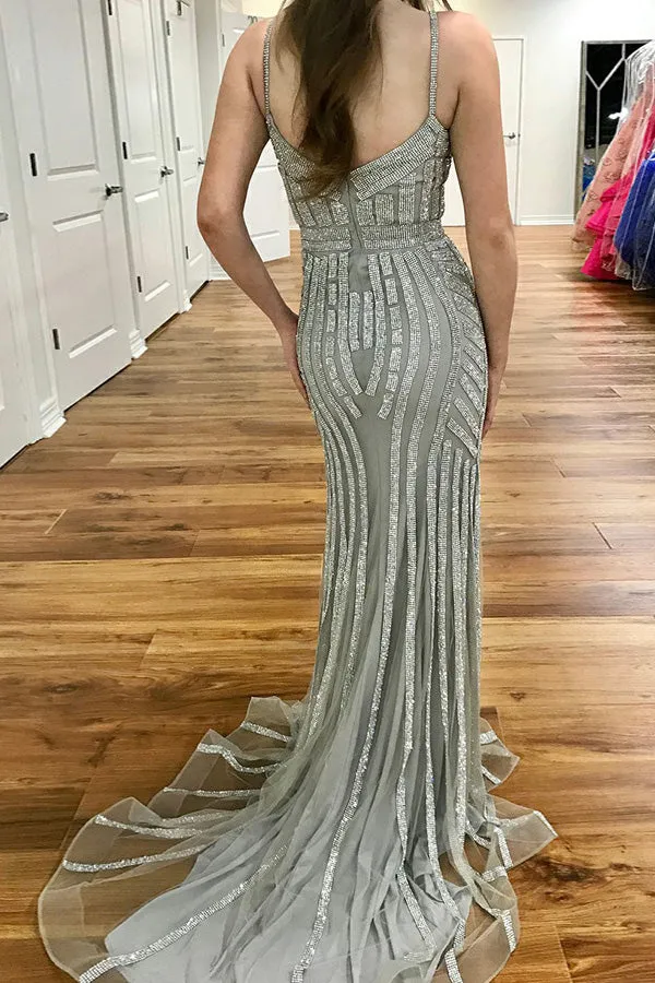 Mermaid Spaghetti Straps Sweep Train Silver Tulle Prom Dress with Beading Z26