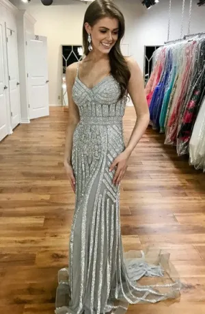 Mermaid Spaghetti Straps Sweep Train Silver Tulle Prom Dress with Beading Z26