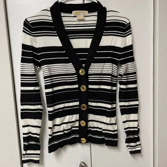 •MICHAEL KORS• striped button-down cardigan // striped sweater // shiny gold