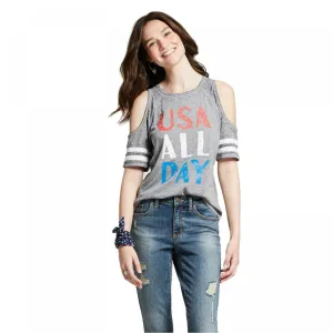 Modern Lux Women's Short Sleeve USA All Day Cold Shoulder Graphic T-Shirt