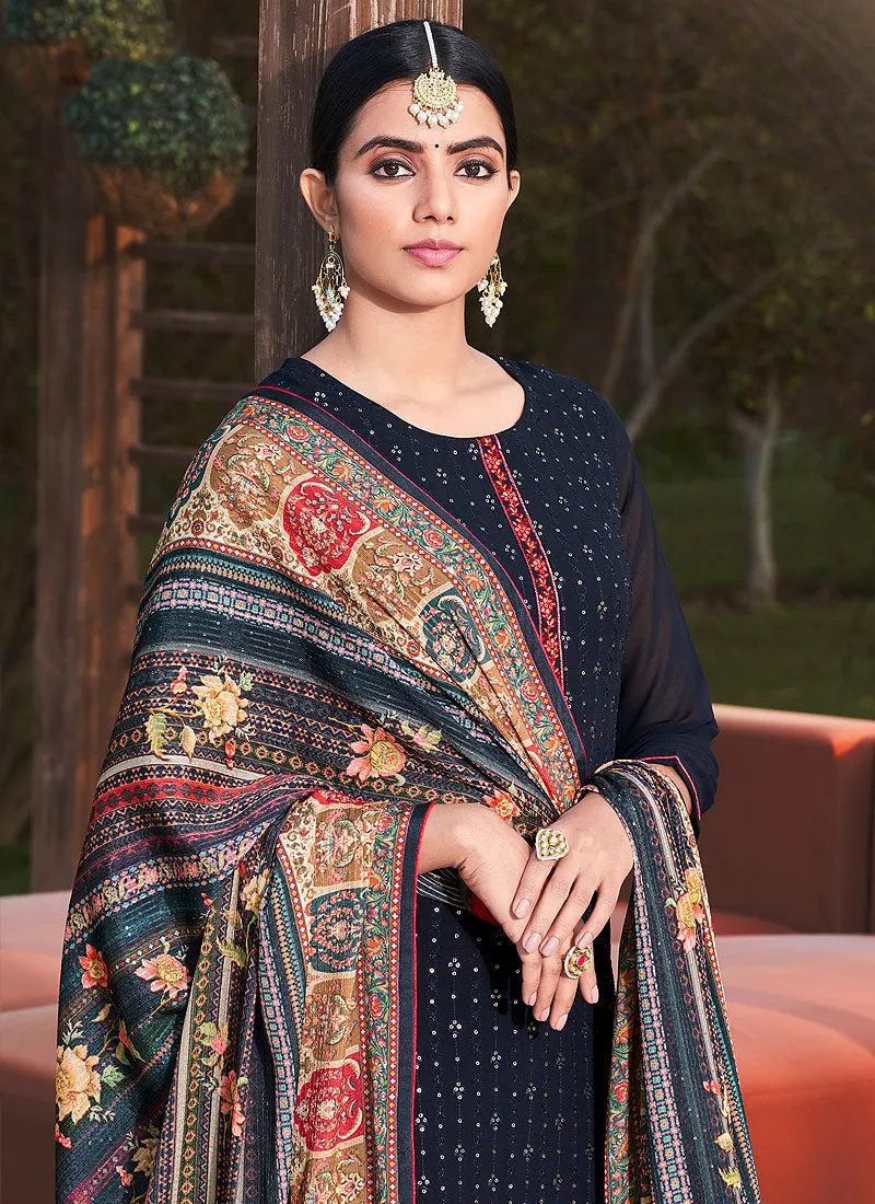 Navy Blue Sequence Embroidered Salwar Suit