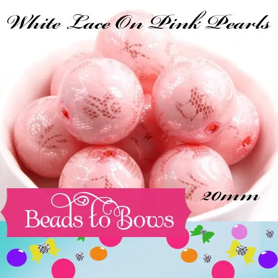NEW 20mm Printed Pink Pearls With White Lace Bubblegum Pearls, Chunky Gumball Beads, Bubblegum Bead, Chunky Printed Pearl Beads