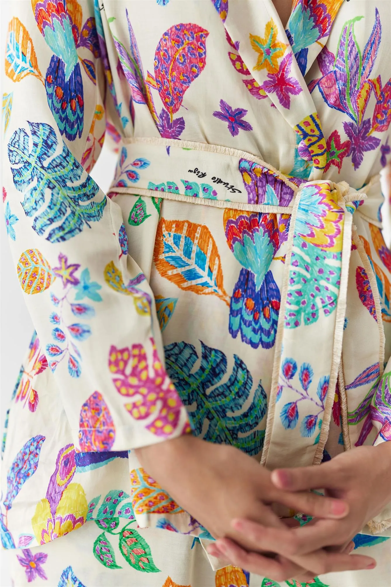 New Season Summer to Fall 2024-Co-ord Amazon Blazer Shirt Trousers Vegan Silk Beige Multi Color Bird Print-Studio Rigu-Fashion Edit Amazonico