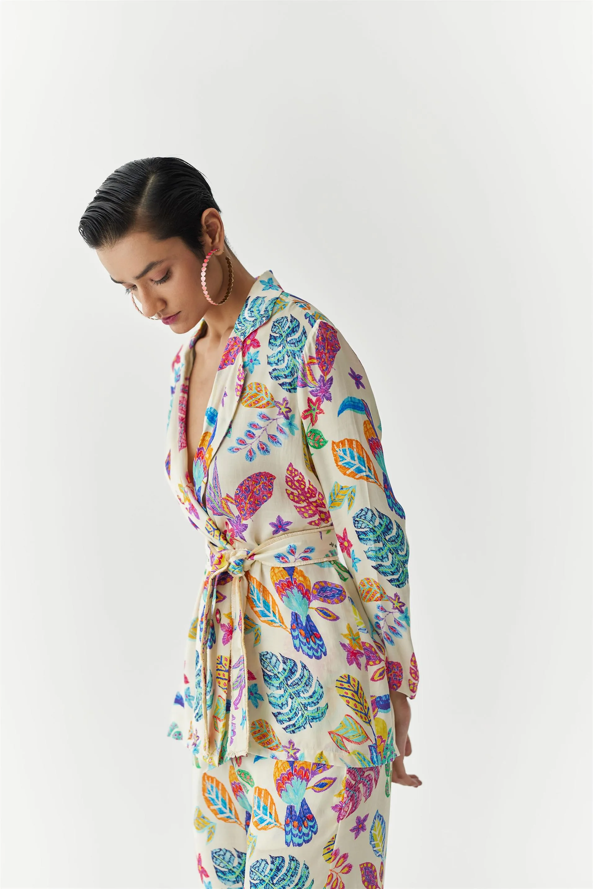 New Season Summer to Fall 2024-Co-ord Amazon Blazer Shirt Trousers Vegan Silk Beige Multi Color Bird Print-Studio Rigu-Fashion Edit Amazonico