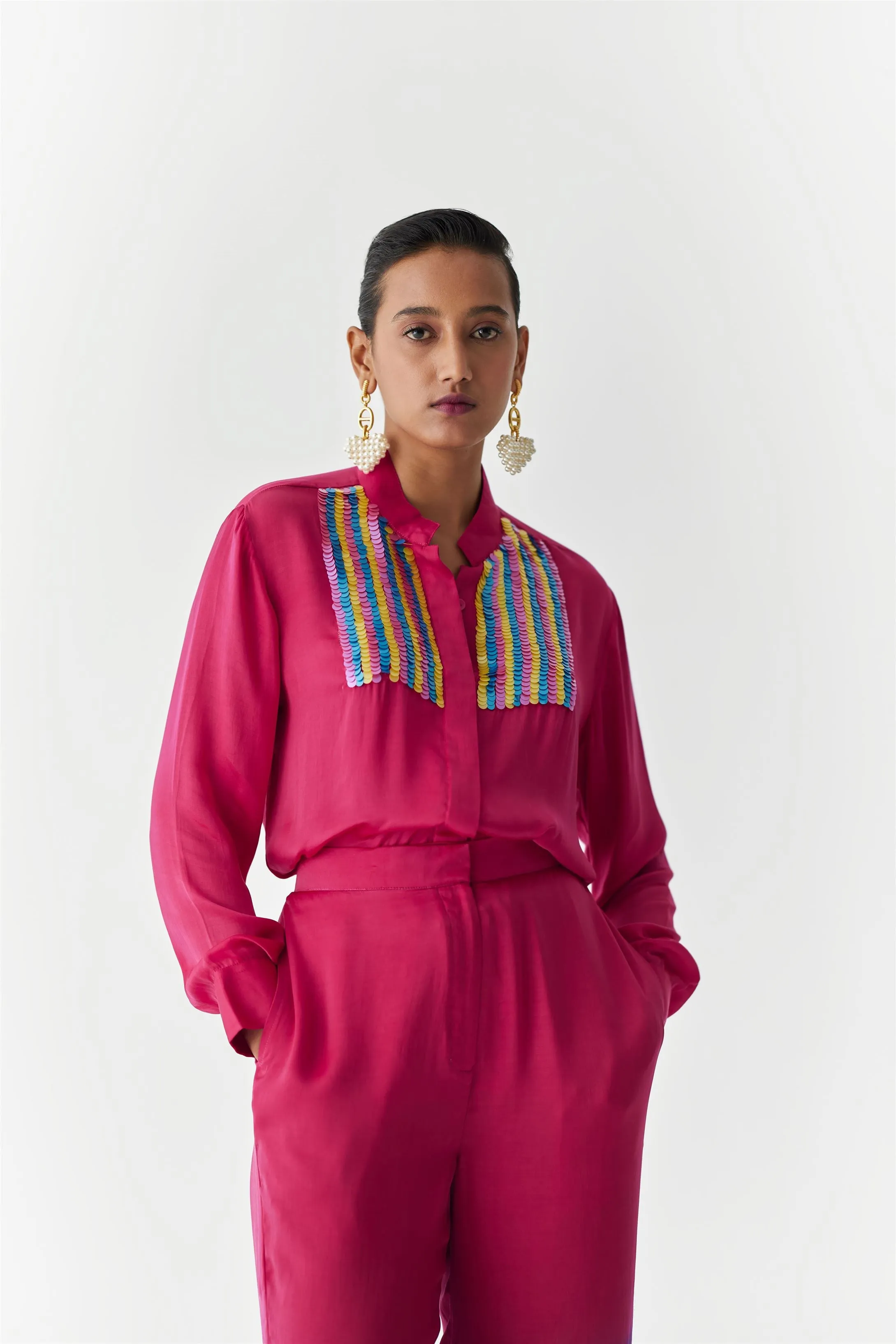 New Season Summer to Fall 2024-Co-ord Dip Dye Shirt Trousers Vegan Silk Blue to Pink Ombre-Studio Rigu-Fashion Edit Amazonico