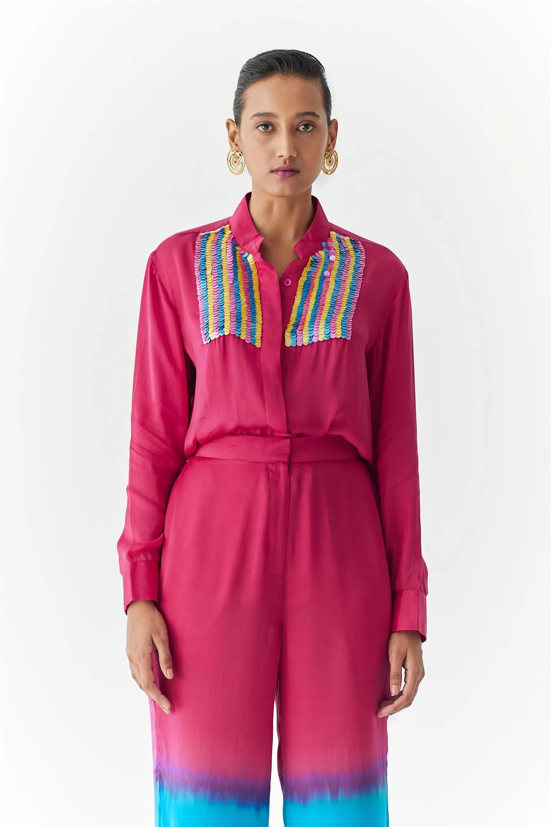 New Season Summer to Fall 2024-Co-ord Dip Dye Shirt Trousers Vegan Silk Blue to Pink Ombre-Studio Rigu-Fashion Edit Amazonico