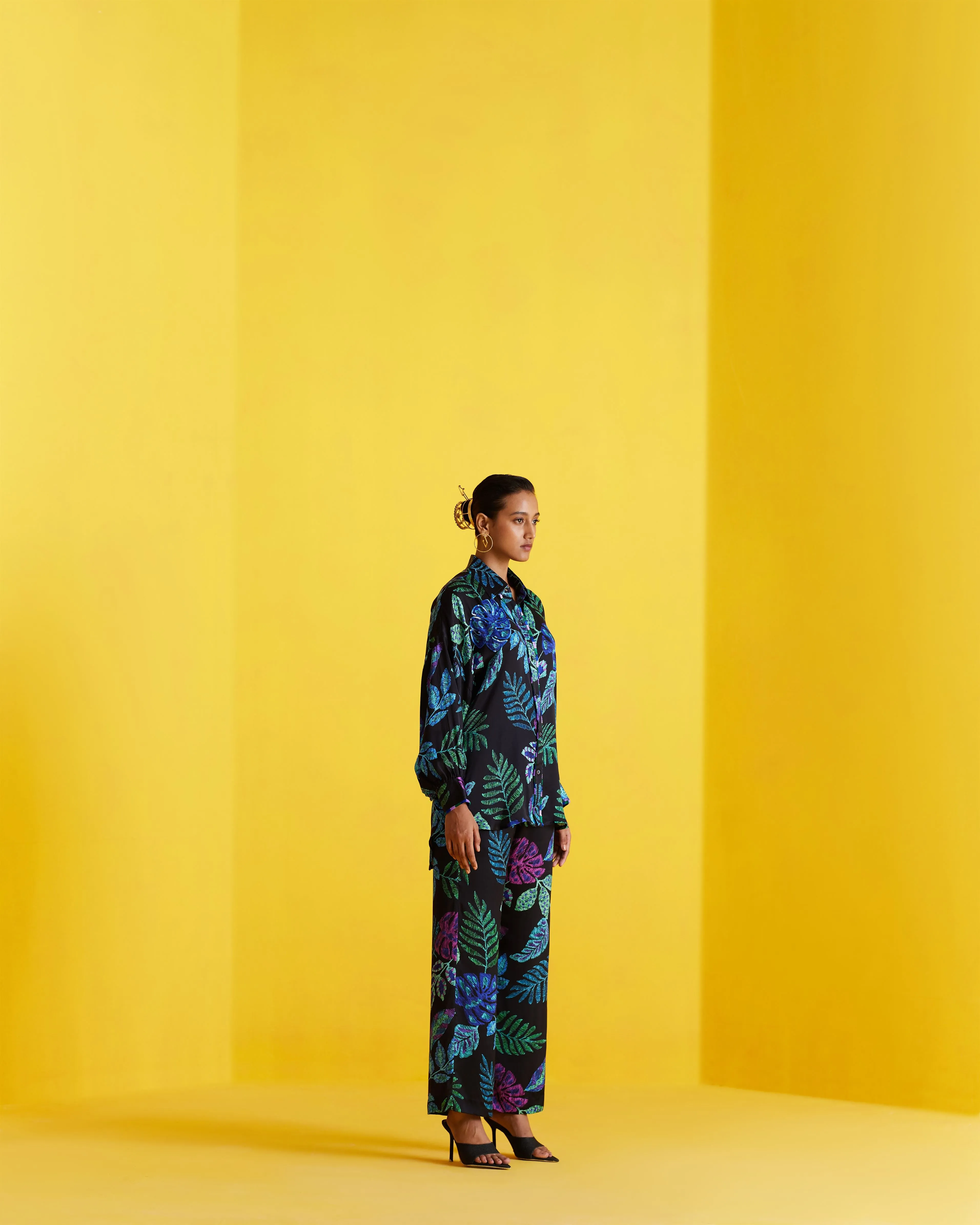 New Season Summer to Fall 2024-Co-ord Jungle Shirt Pants Vegan Silk Black Multi Color Print -Studio Rigu-Fashion Edit Amazonico