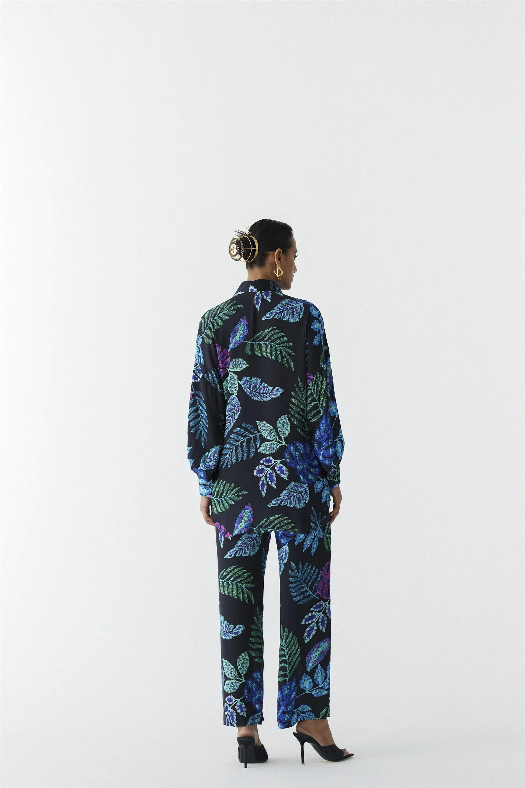 New Season Summer to Fall 2024-Co-ord Jungle Shirt Pants Vegan Silk Black Multi Color Print -Studio Rigu-Fashion Edit Amazonico