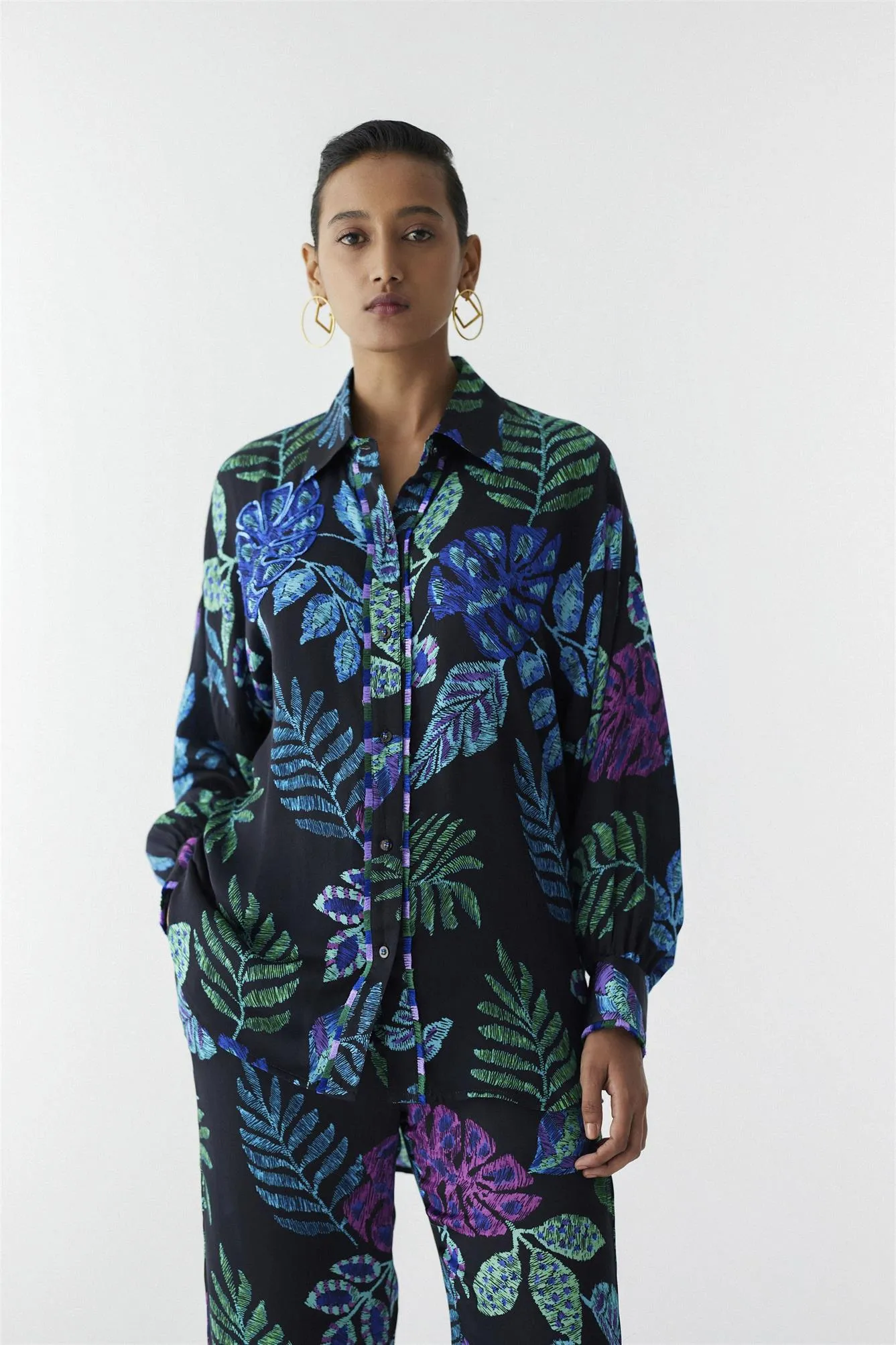 New Season Summer to Fall 2024-Co-ord Jungle Shirt Pants Vegan Silk Black Multi Color Print -Studio Rigu-Fashion Edit Amazonico