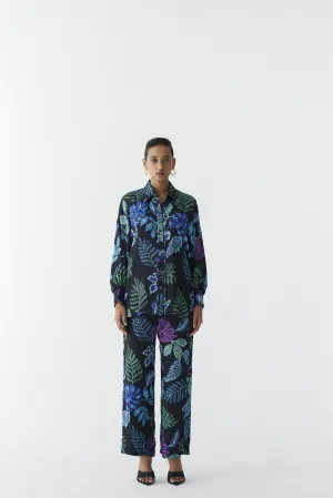New Season Summer to Fall 2024-Co-ord Jungle Shirt Pants Vegan Silk Black Multi Color Print -Studio Rigu-Fashion Edit Amazonico