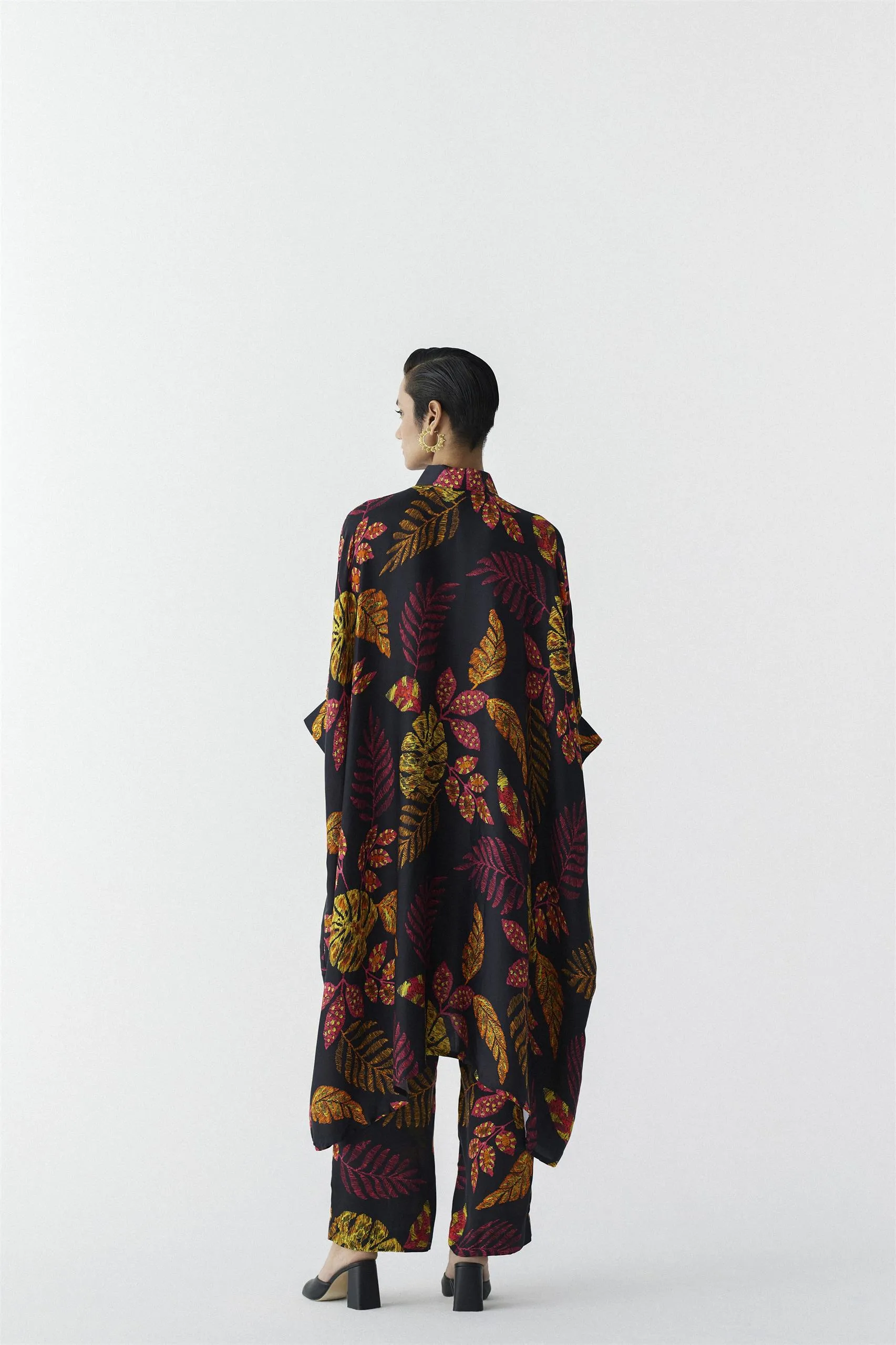 New Season Summer to Fall 2024-Co-ord Rainforest Kimono Pants Vegan Silk Black Multi Color Print -Studio Rigu-Fashion Edit Amazonico