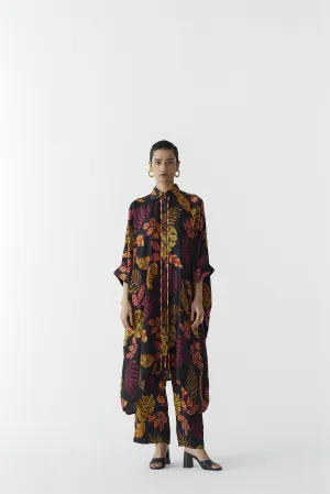 New Season Summer to Fall 2024-Co-ord Rainforest Kimono Pants Vegan Silk Black Multi Color Print -Studio Rigu-Fashion Edit Amazonico