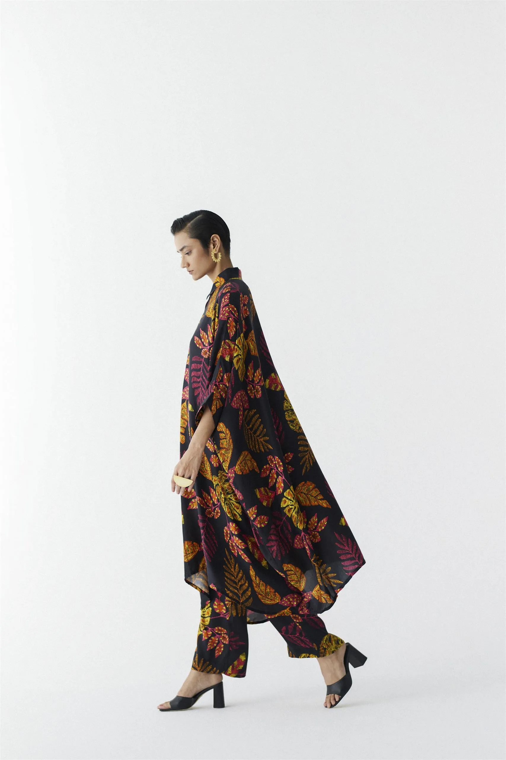 New Season Summer to Fall 2024-Co-ord Rainforest Kimono Pants Vegan Silk Black Multi Color Print -Studio Rigu-Fashion Edit Amazonico