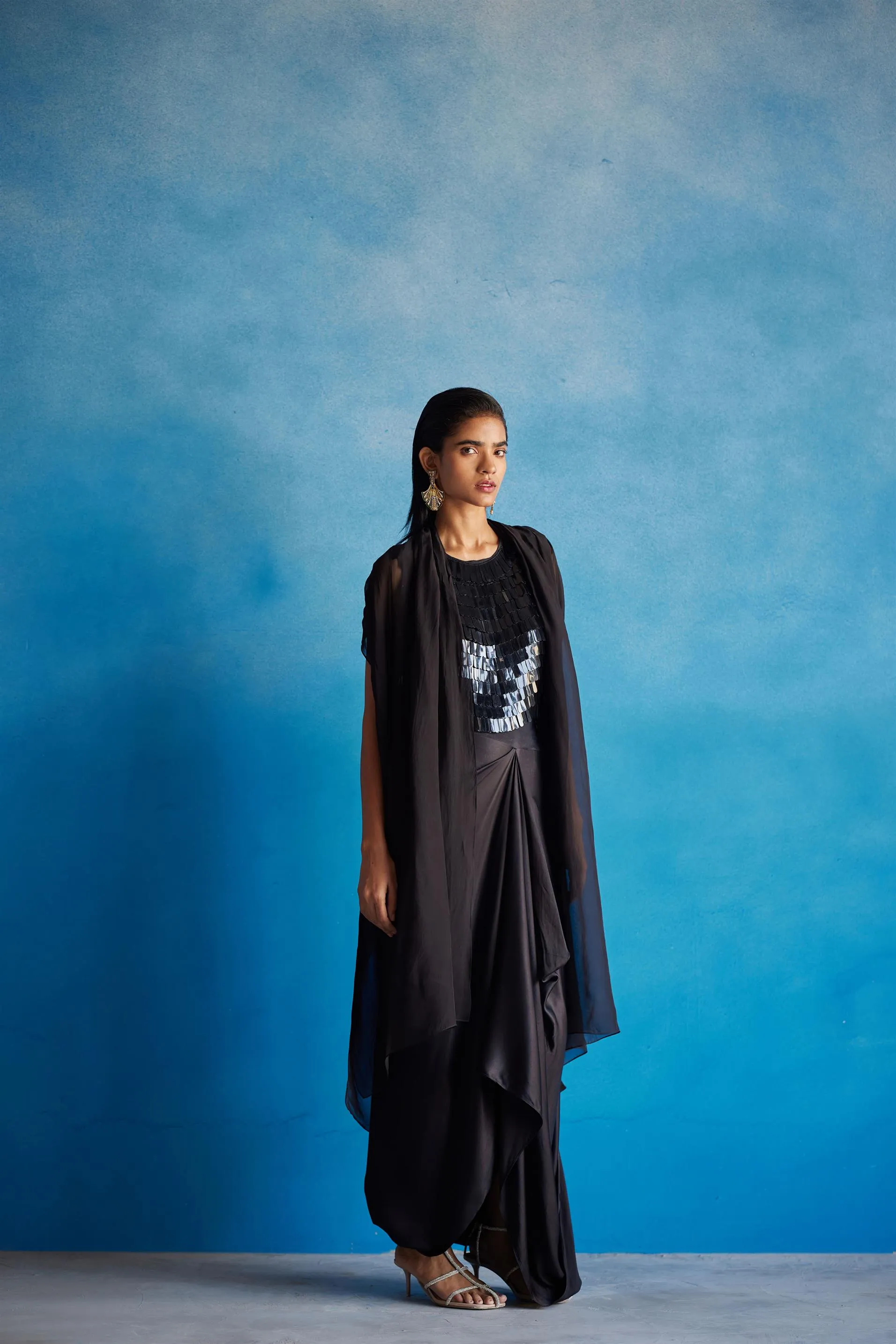 New Season Summer to Fall 2024-Co-ord Toucan Sequin Blouse Knot Skirt Vegan Silk Black-Studio Rigu-Fashion Edit Amazonico