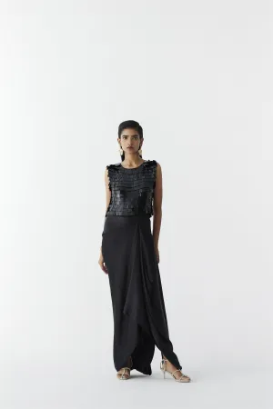 New Season Summer to Fall 2024-Co-ord Toucan Sequin Blouse Knot Skirt Vegan Silk Black-Studio Rigu-Fashion Edit Amazonico